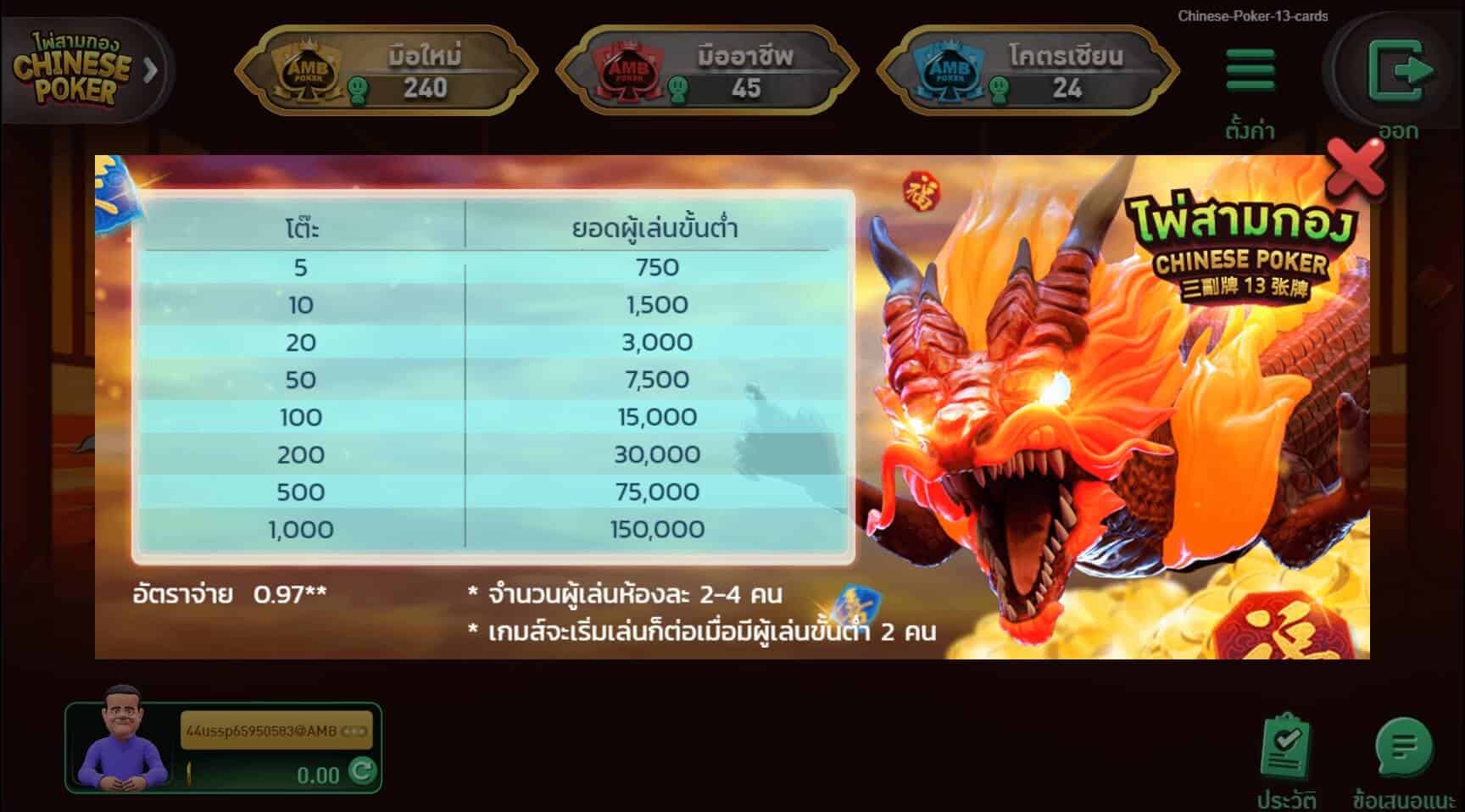 Chinese Poker AMBSLOT เกมสล็อต amb จาก slotxo เติม true wallet